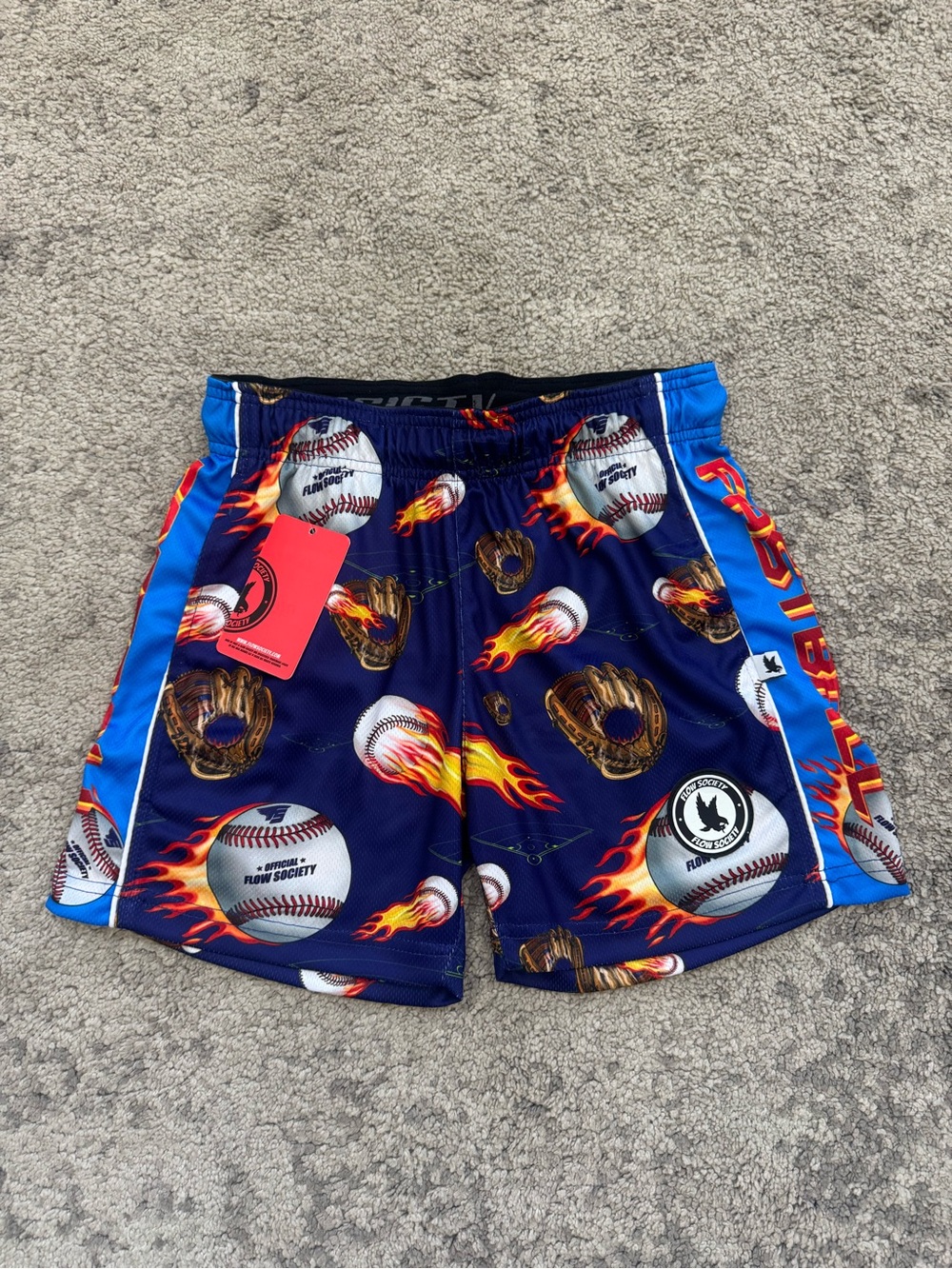 Flow Society Baseball Shorts Youth Large NWT Fastball Flame Print